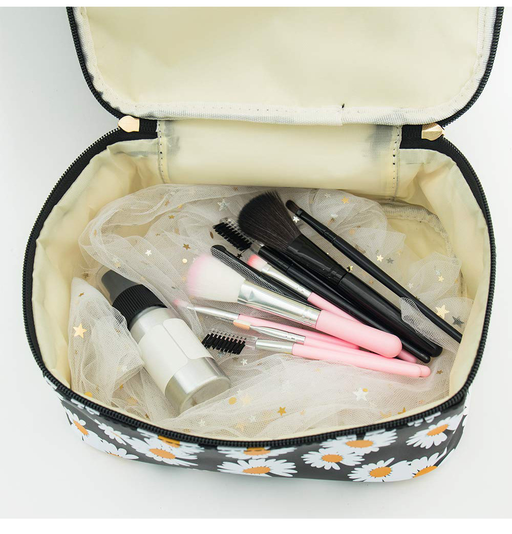 3 Pack Daisy Print PU Leather Cosmetic Bag Set For Women
