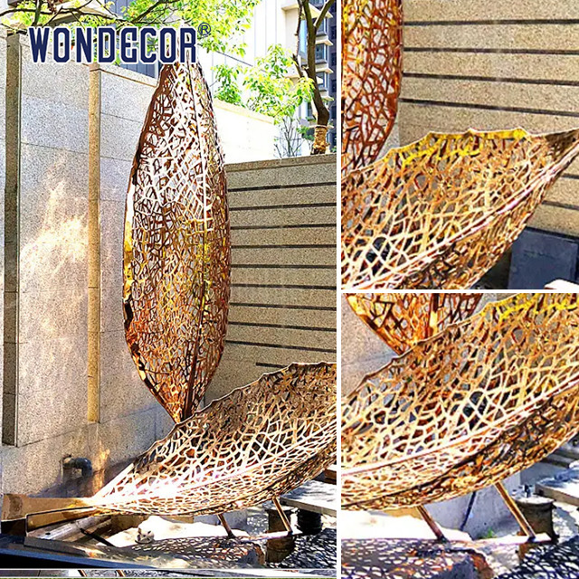 Large outdoor park forging metal abstract hollow leaf stainless steel sculpture