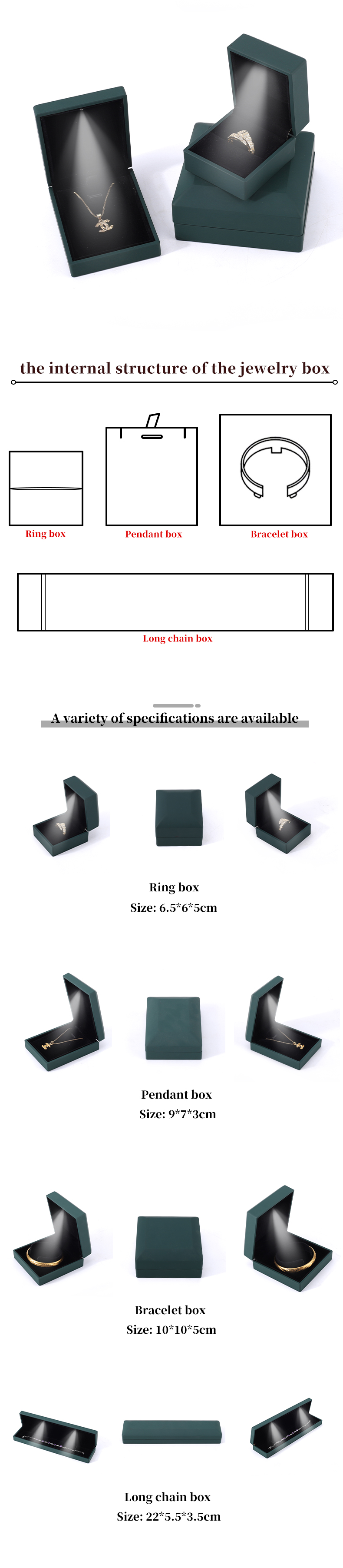 Jewelry Package Custom Logo Green LED Light Velvet Box for Rings Bracelets Necklaces