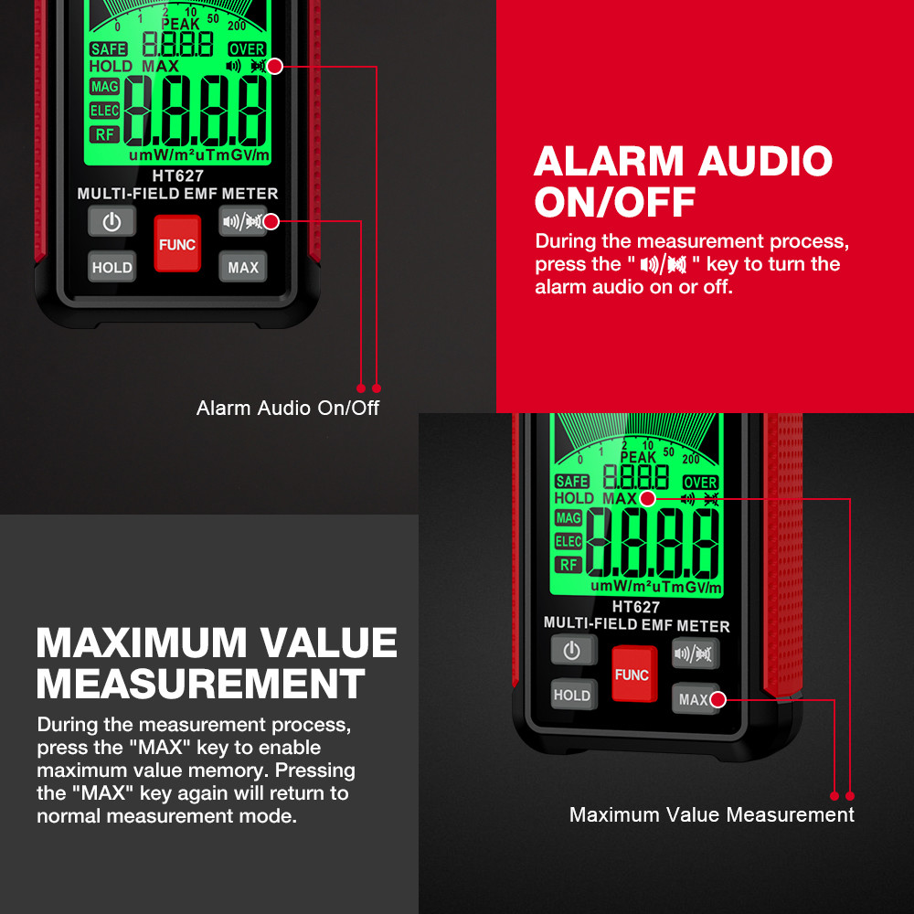 HT627 EMF Meter Professional Electromagnetic Field Radiation Detector Handheld Portable Radio Frequency Warn Meter