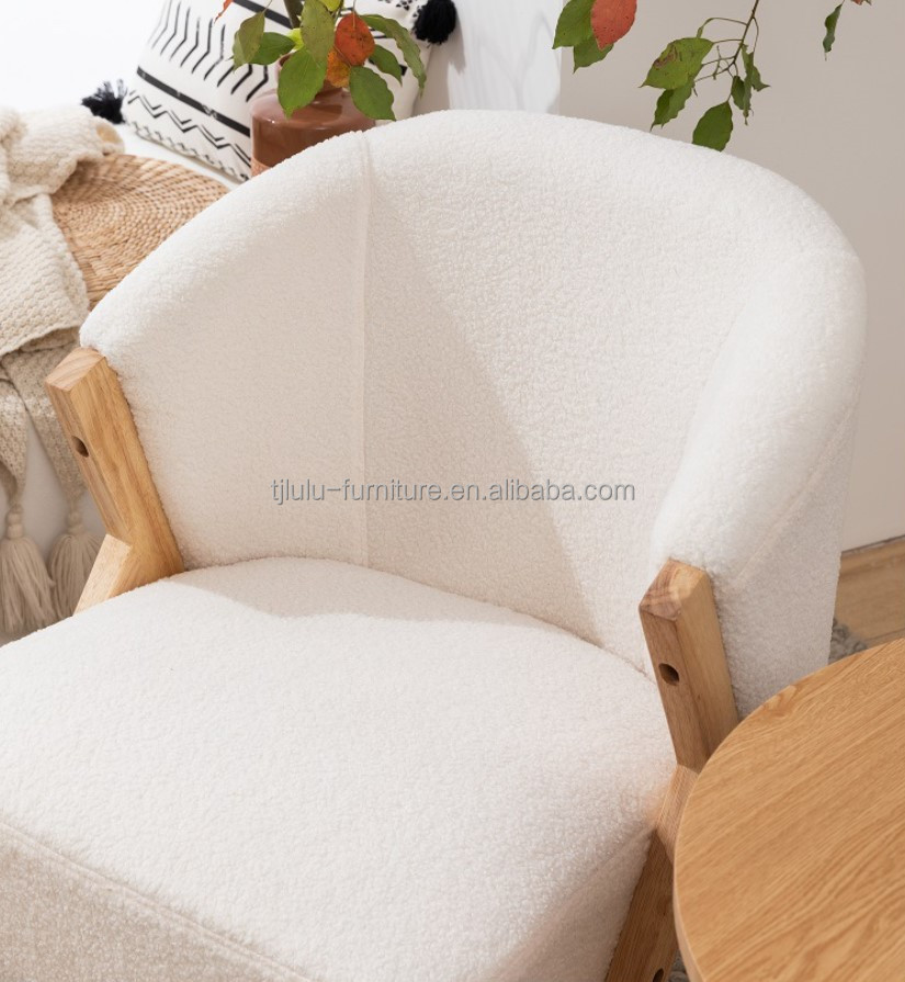 W60*D68*H77CM Modern Living Room Furniture Lounge Chair KD Wooden Sofa Chair Lamb Wool Fabric White Upholatered Accent Chair