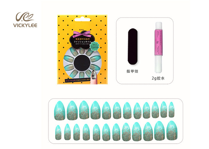 Green Stiletto Ombre Glitter DIY Fake Nails Handmade Crystal Stone