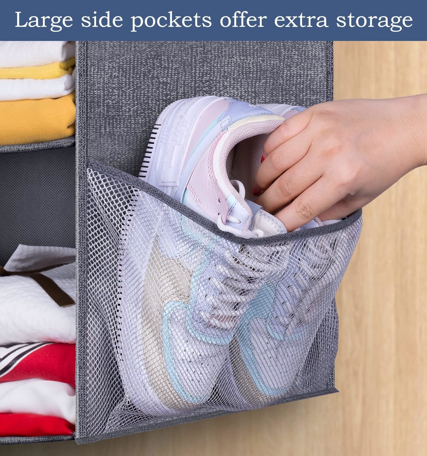 KEETDY 2-Shelf Small Hanging Closet Organizers and Storage with 2 Large Shoe Pockets Hanging Shelves Organizer for
