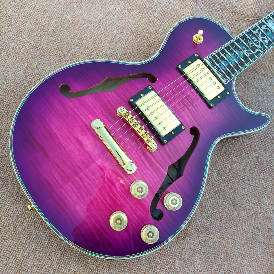 Custom LP Semi Hollow body Electric Guitar with F holes, Abalone Flower inlaid fingerboard guitar, free shipping