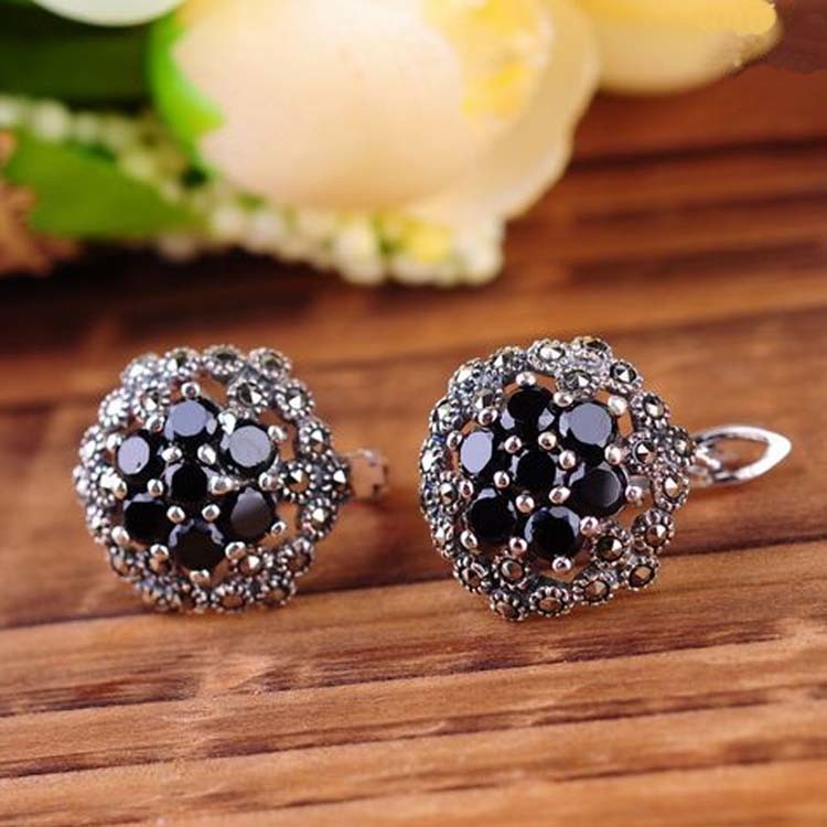 Thailand Silver Pave Marcasite Stud Earrings Women's Vintage Jewelry (E11064BLACK)
