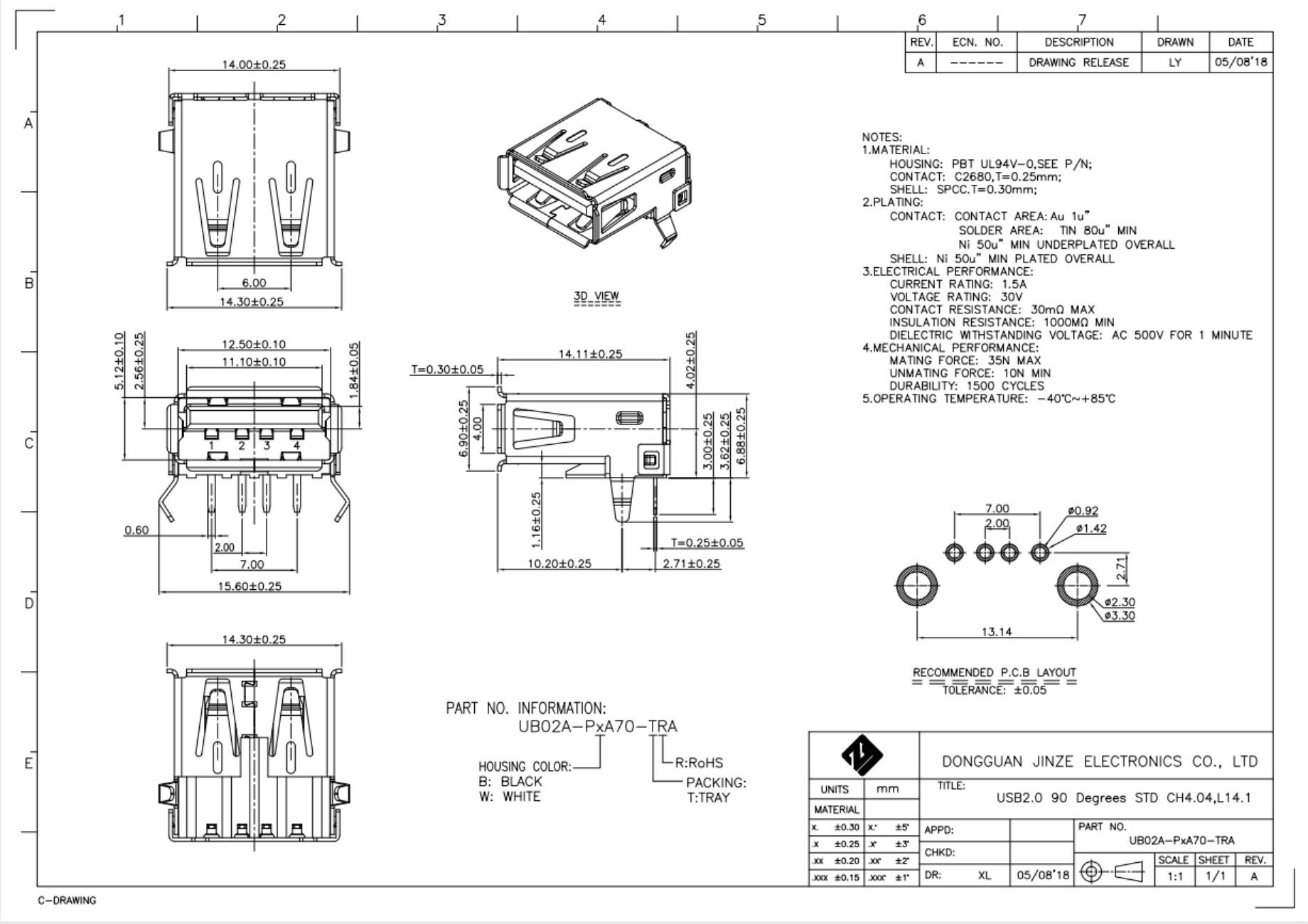 90 Degrees 2.0 USB type a receptacle Connector Port 4 Pin Female 30V 1.5A