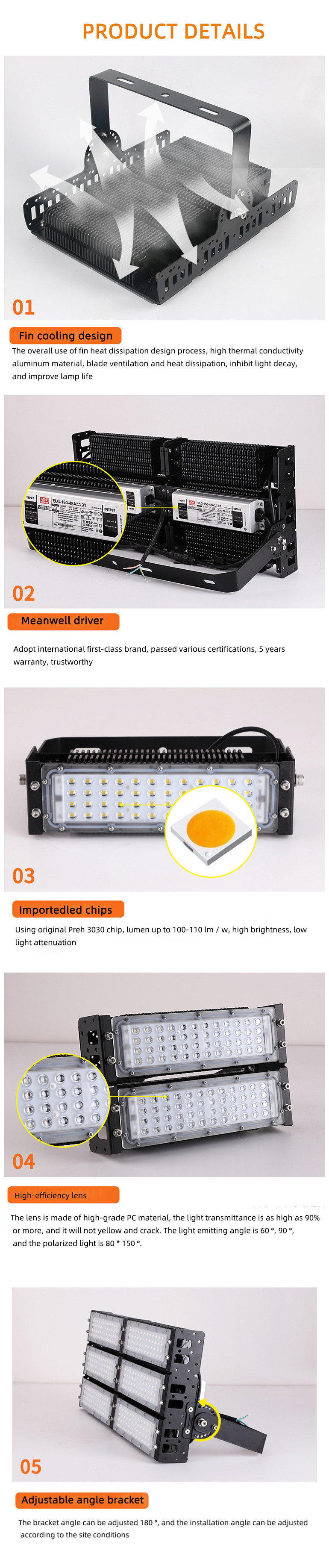OEM/ODM High Bright LED Floodlight 120w 240w 360w 480w 720w For Tunnel