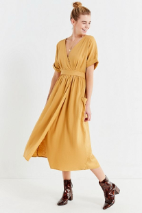Latest Gold Linen Maxi Long Wrap V-neck Woman Dress with Pockets
