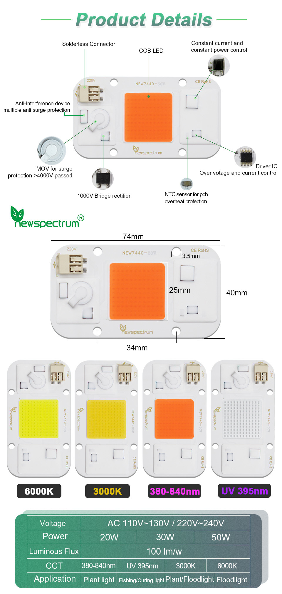 AC110V Solderless COB LED COB Chip Light Beads For Floodlights