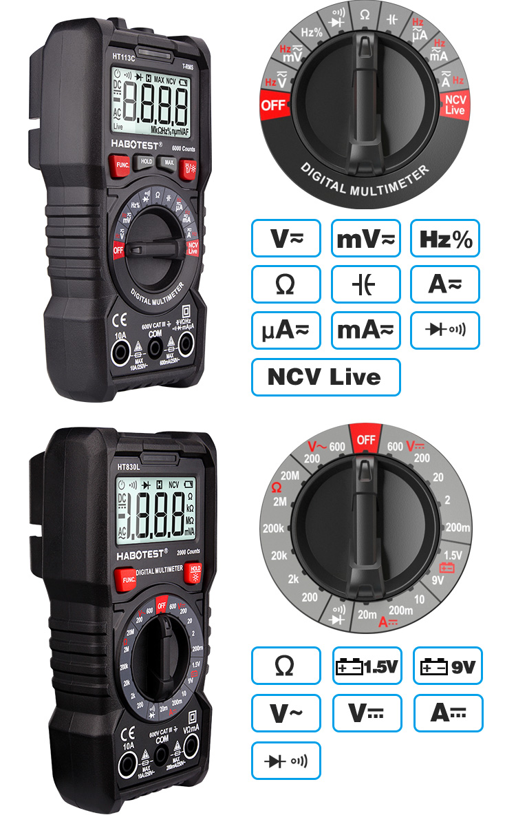 Habotest HT113A Handheld AC DC Digital Multimeter Professional Voltmeter LCD Display 2000 counts with CE