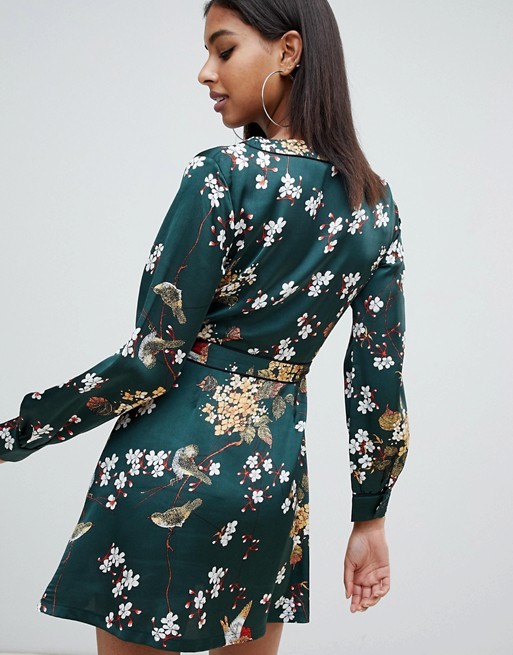 OEM fashionable green floral satin wrap mini tea dress
