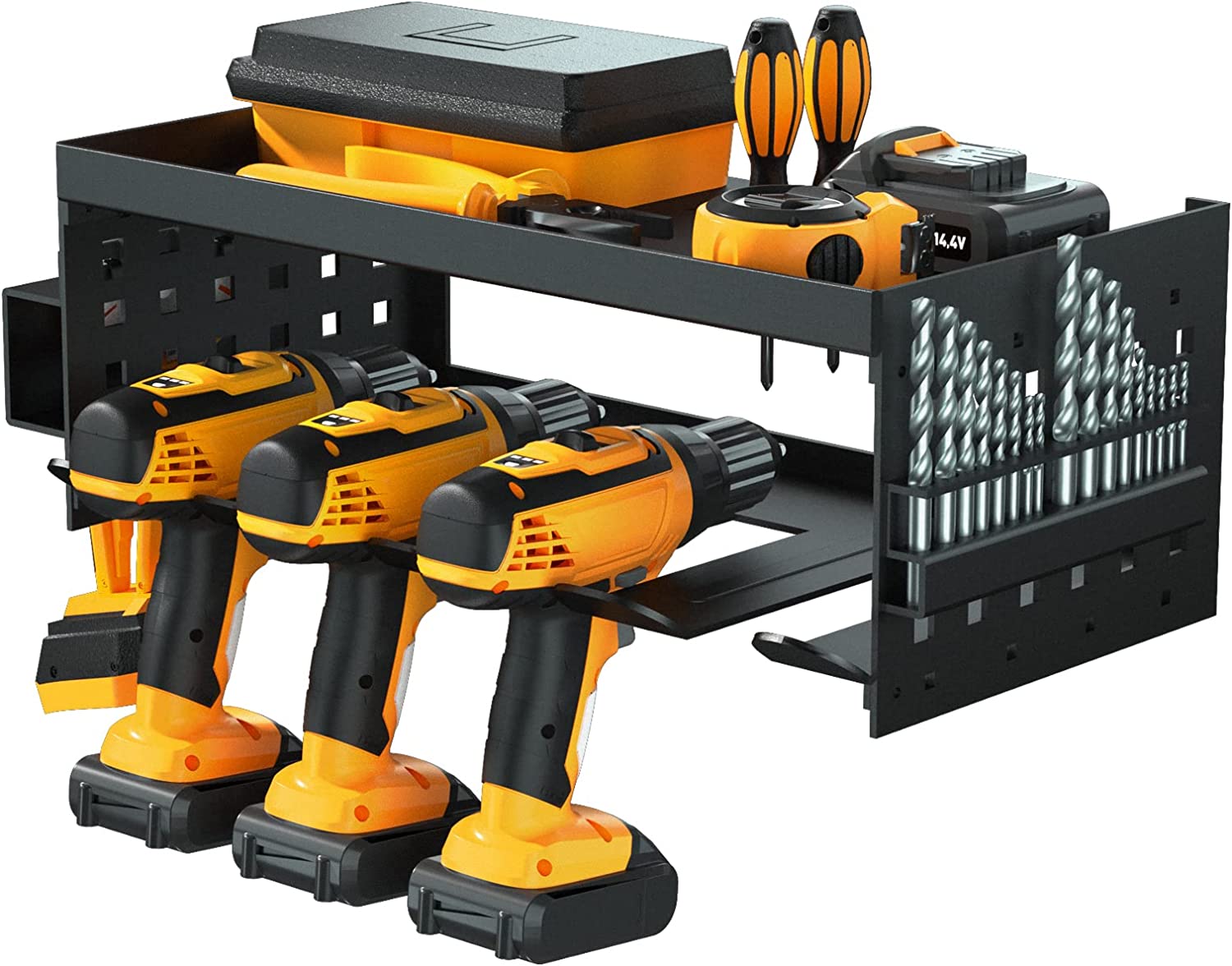Garage Cordless Power Tool Pegboard Hook Organizer with 2 Shelf Cordless Drill Storage