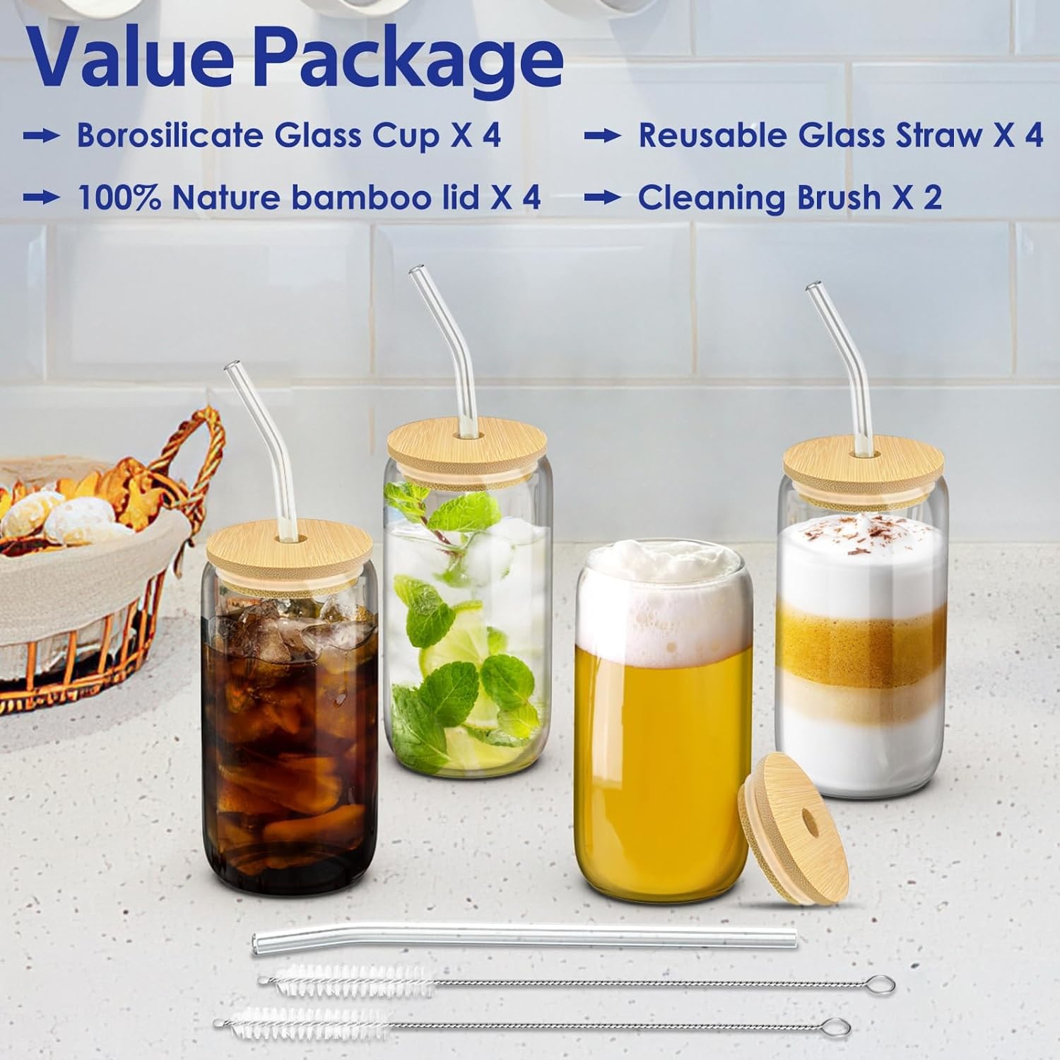 4 Set Glass Cups with Lids and Straws 16 oz, Glasses Drinking Set, Iced Coffee Cup with Bamboo Lids,