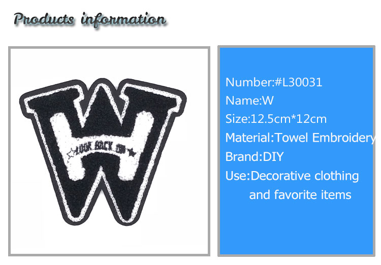 Classical W Letter Embroidered Sports Patches Towel Material Black / White For Garment