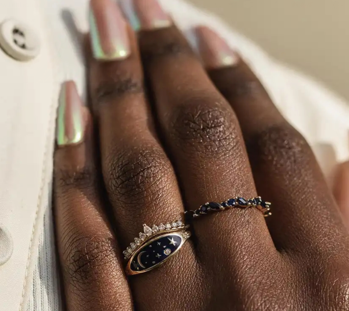 Handmade 18K Gold Plated Midnight Blue Enamel 925 Sterling Silver Round Brilliant CZ Stacking Ring for Girls