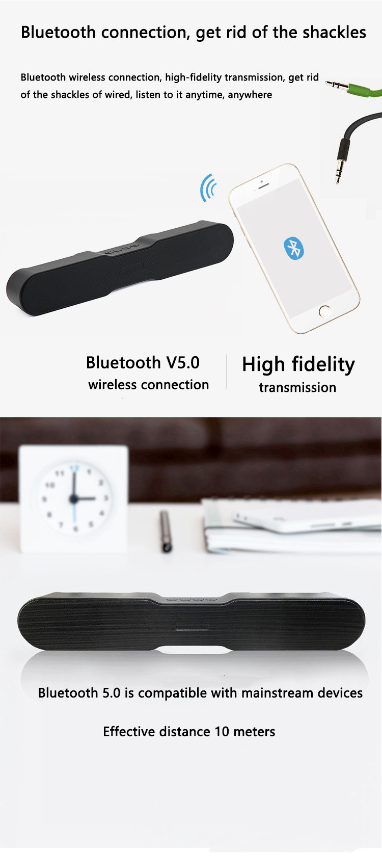 60W Wireless Wall Mounted Soundbars , Black 2.0 Channel Soundbar With Bluetooth