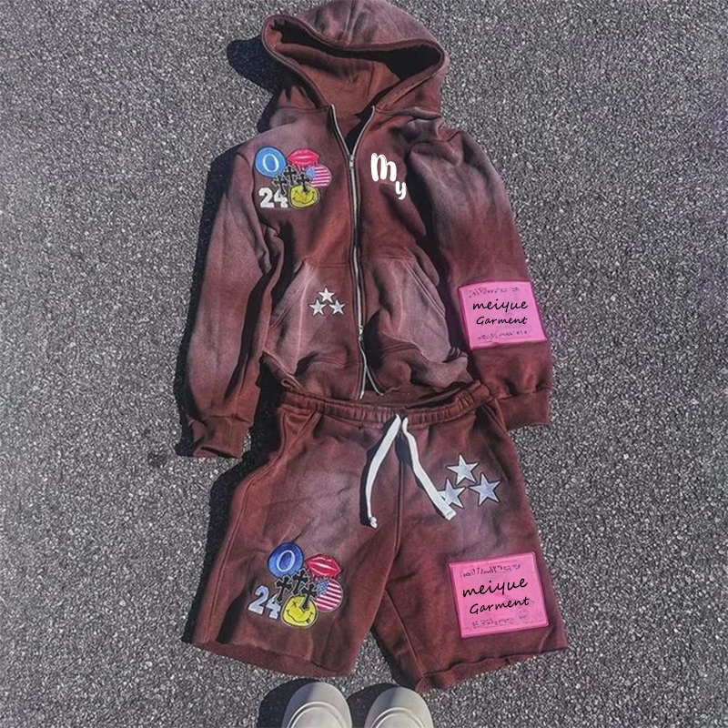 Custom Zip up Jacket Acid Wash Vintage Zipper Hoodie Sun Faded Shorts Sweatsuits Unisex Sets Zip up Hoodie and Short Jogger Set