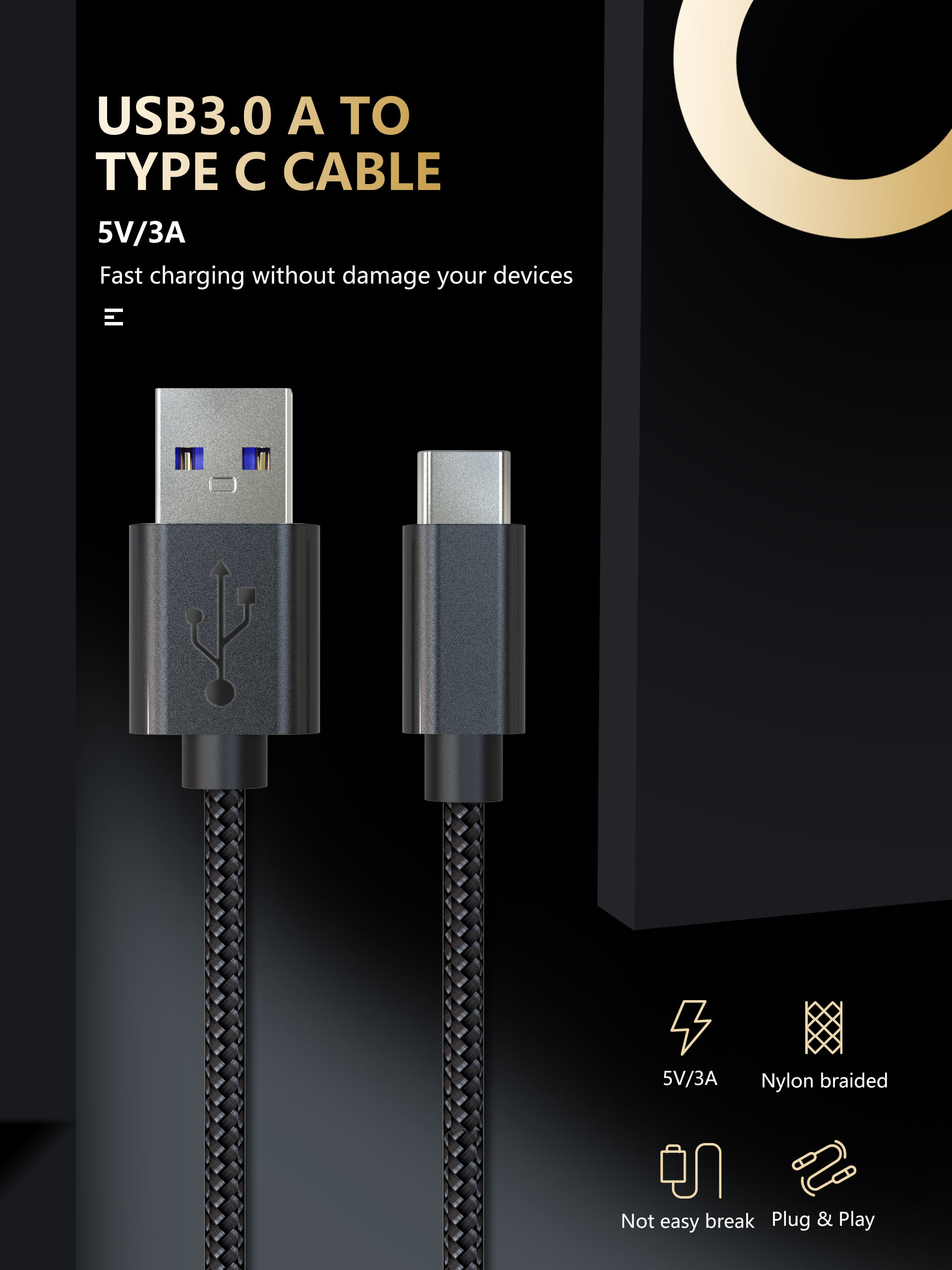 Black Kevlar Charging Cord , 5G 3Feet Usb 3.0 Fast Charging Cable