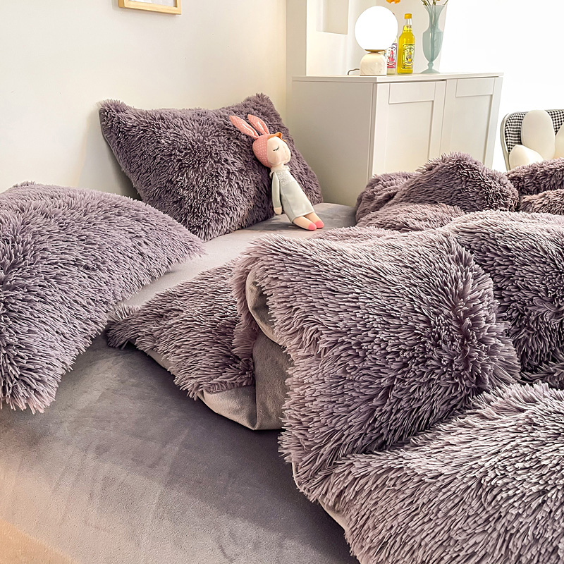 Princess Style Grey Purple Shaggy Warm Mink Velvet Crystal Duvet Cover Set for Winter