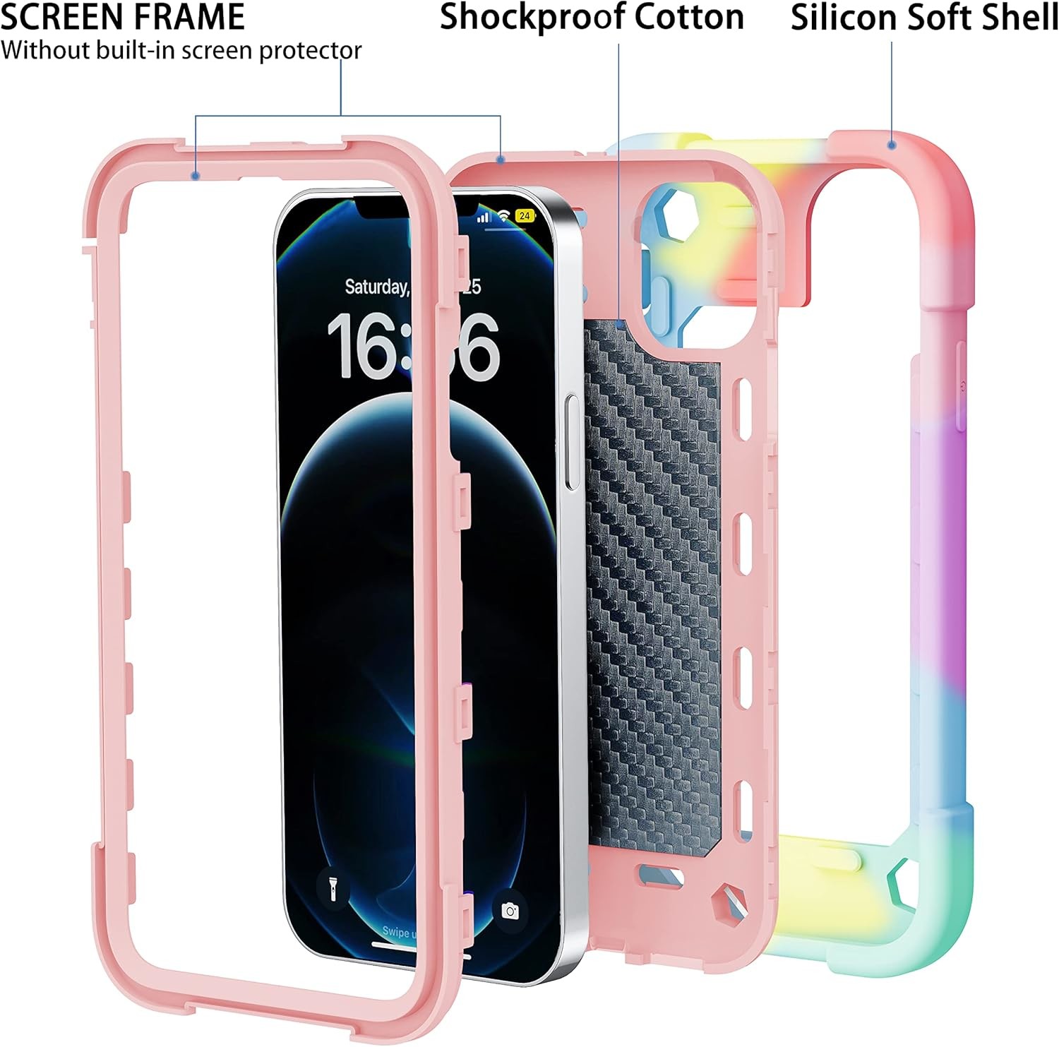 iPhone 12 Pro Max Case 6.7" - Heavy-Duty Shockproof, Ring Stand, Glass Screen & Camera Lens Protector (Rainbow Pink)