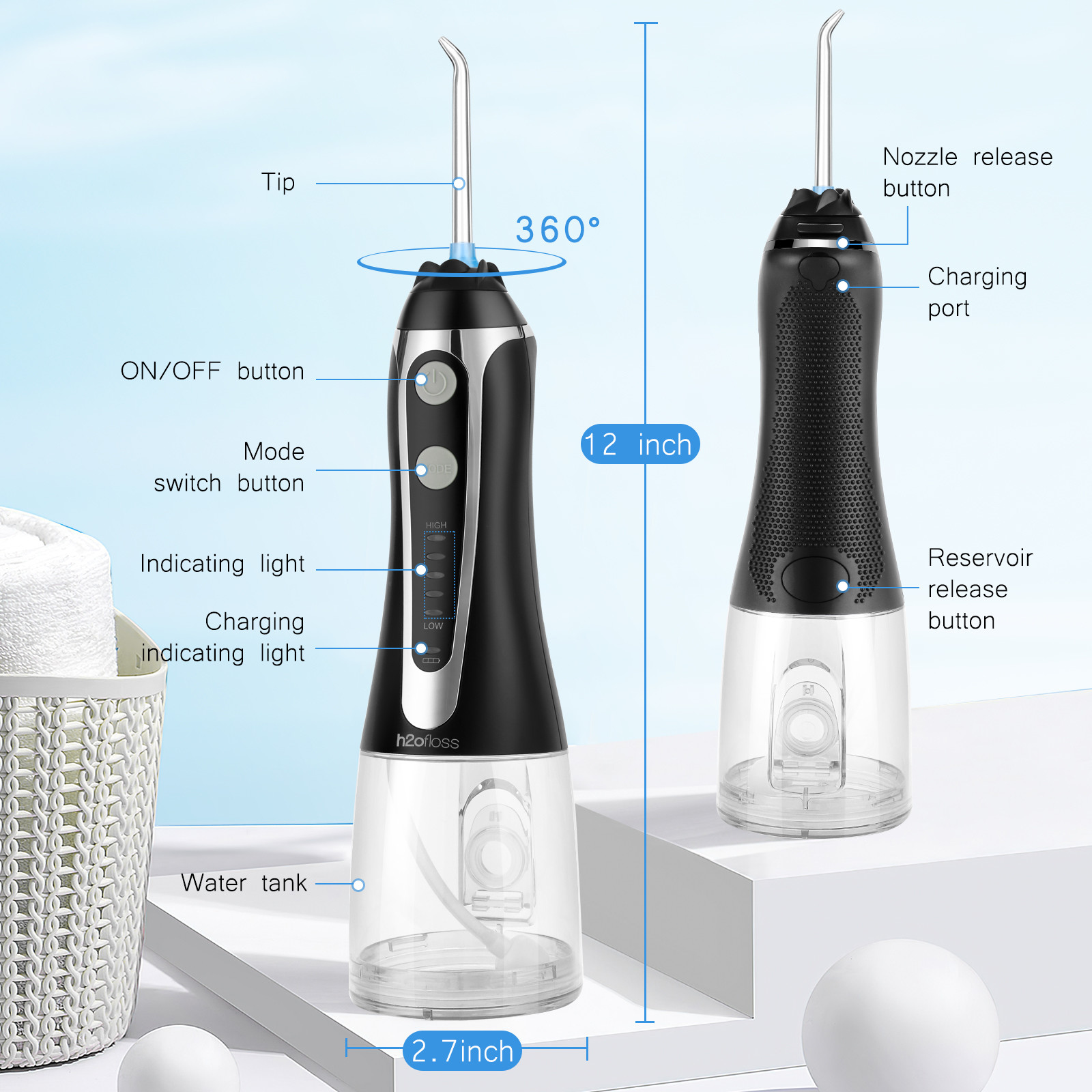 Detachable Tank Battery Operated Water Flosser With Optional Nozzles