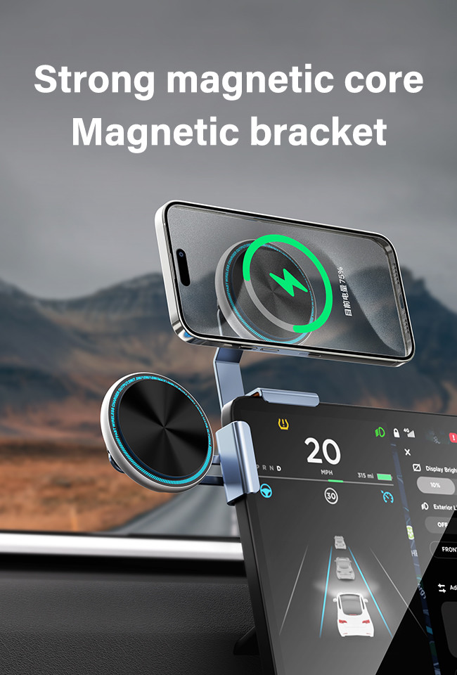 Iphone 15 Pro Max Charger Magnetic Wireless Car Phone Holder With Metal Running Light And Logo Carving Option