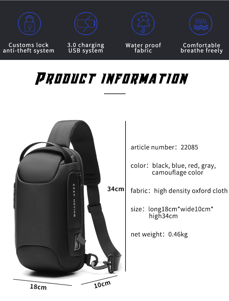 Wholesale waterproof anti theft designer crossbody bag custom logo USB sling bags for men single shoulder chest bag