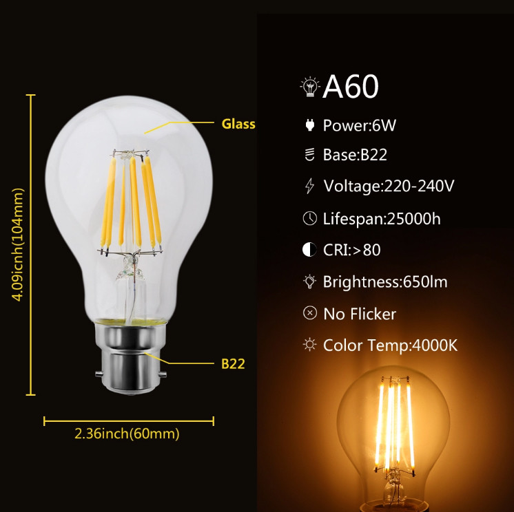 230V White LED Filament Bulb , A60 A19 4W 6W LED Edison Bulb