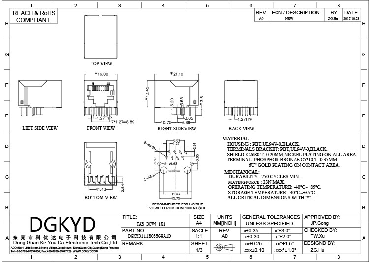 DGKYD111B035GWA1D RJ45 Network Socket Without Filter 8P8C Shielded Connector