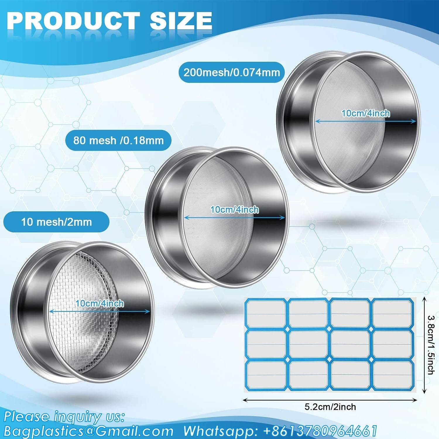 304 Stainless Lab Sieves, 200 Mesh (0.074 Mm), 80 Mesh (0.18 Mm), 10 Mesh (2 Mm) Aperture Test Sieve, 4 Inch Diameter