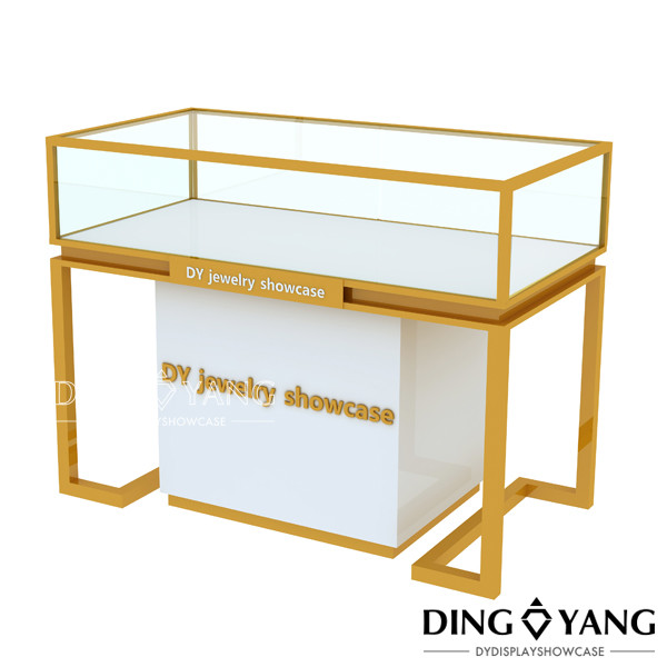 Custom Made Shinning White Brush Gold Jewelry Table with Glass Display and Locks