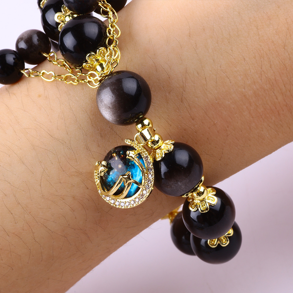 Genuine Stone 12MM Silver Obsidian Round Star With Moon Charm Crystal Bead Bracelet
