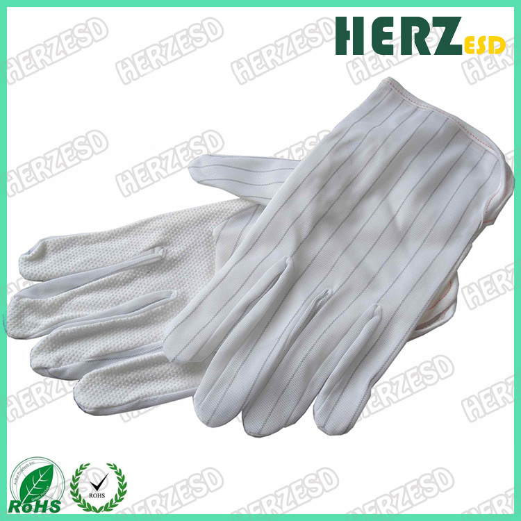 White Striped ESD Hand Gloves 100% Polyester With Conductive Carbon Line Every 10mm
