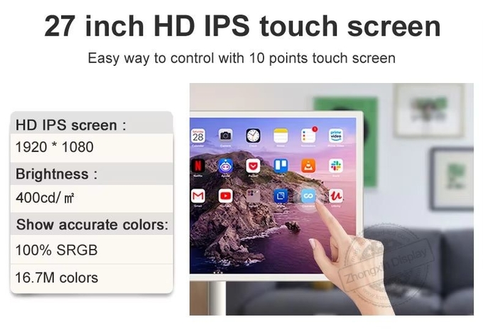 27" Interactive Touch Screen Monitor Mobile Tv Portable Smart Screen For Gaming Fitness Meetings Battery Included