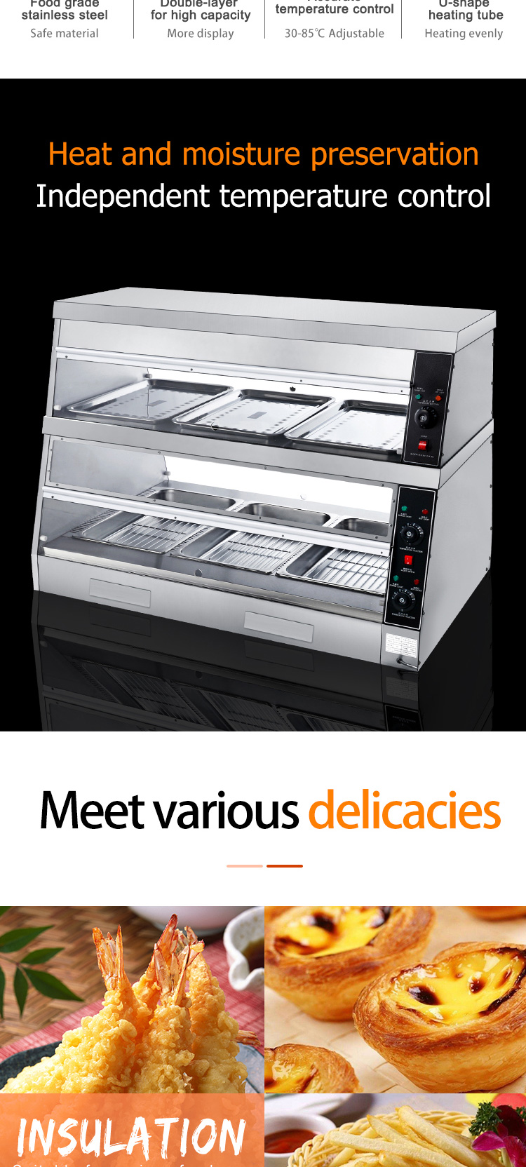 Commercial Kitchen Fried Chicken Food Display Warmer 1220*760*850mm Hot Food Showcase