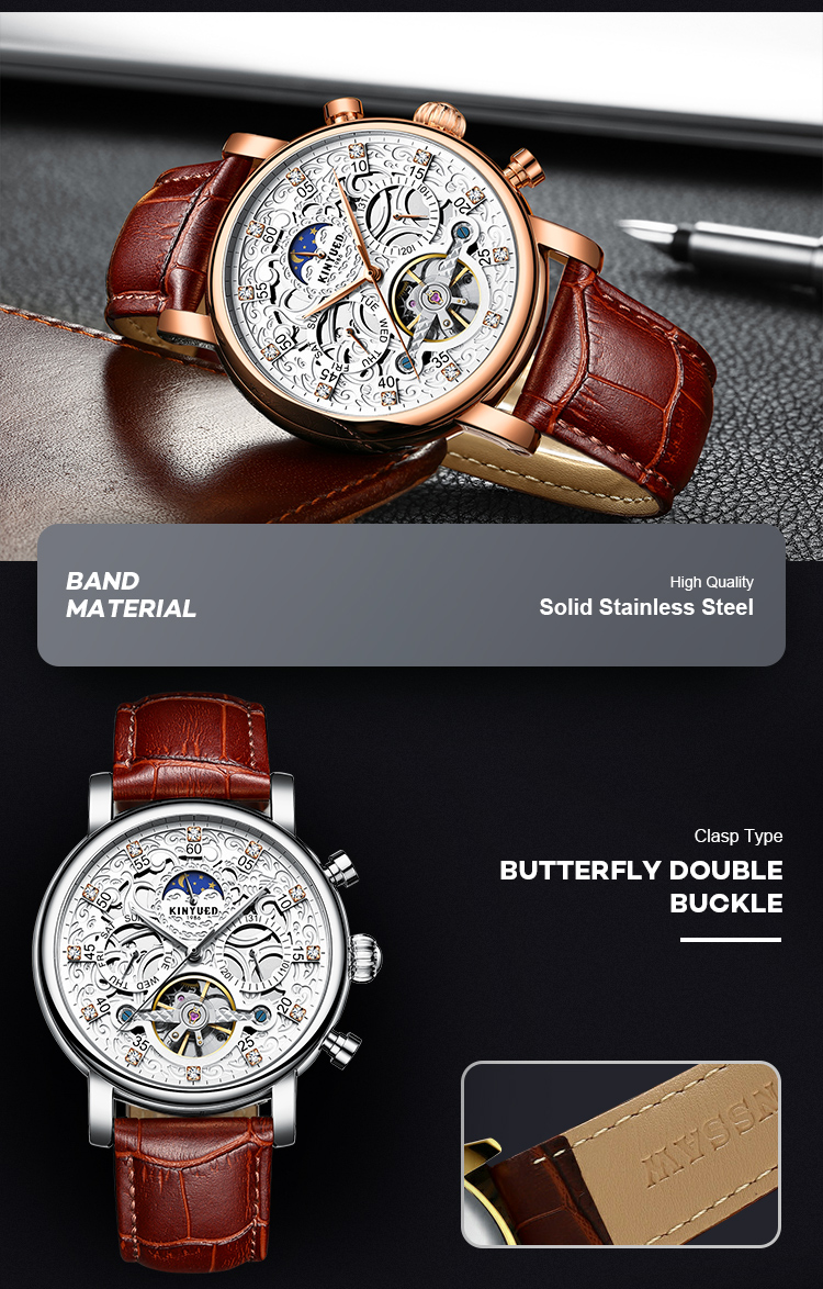KINYUED Watch Leather Strap Tourbillon Skeleton Watches Men Luxury In Stock Automatic Mechanical Watch