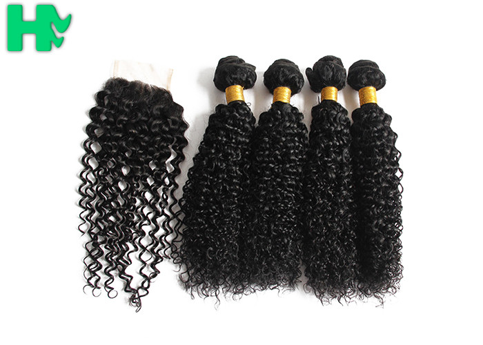 Peruvian Human Hair Kinky Curly Frontal Lace Closure With Bundles Double Weft