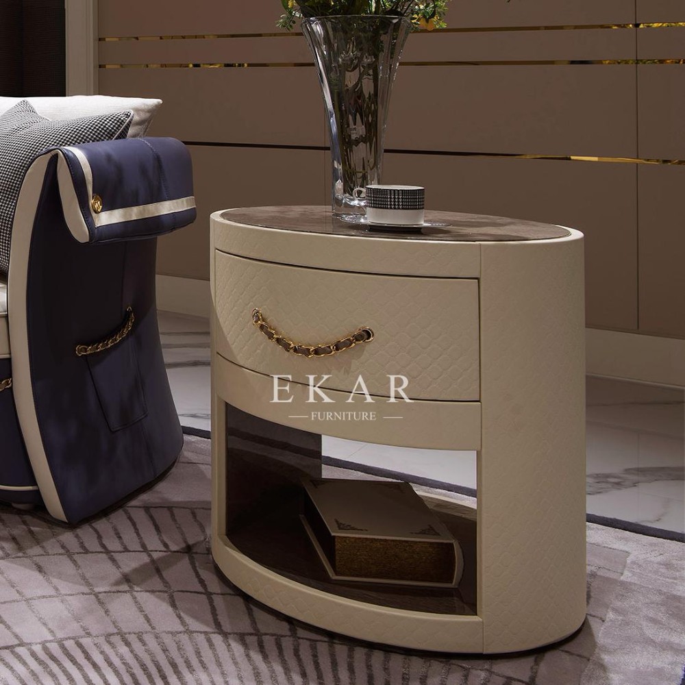 Living Room Coffee Round Leather Wooden Top High Gloss Side Table With Drawer W005H6