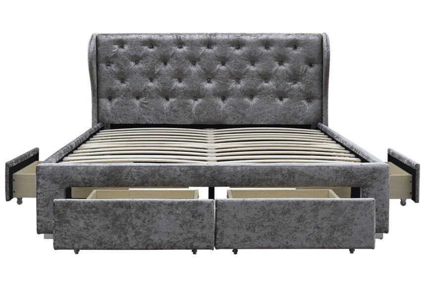 Fabric Tufted Storage Bed Crushed Velvet Silver Ottoman Drawer OEM Double Size Upholstered