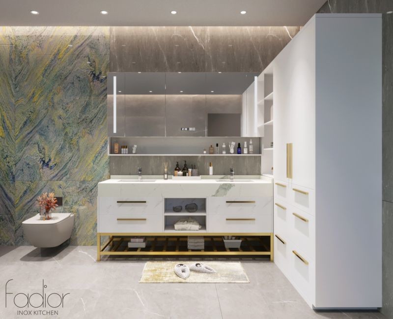 The Fadior Stainless Steel Bathroom Vanity Cabinet Modern Design With Gold Frame