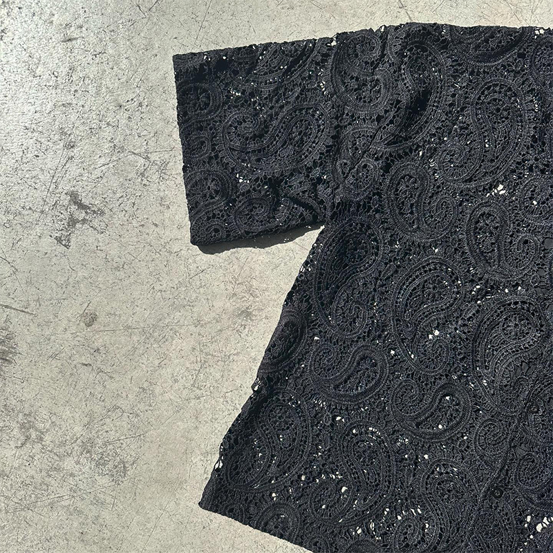 Custom Lace Embroidery Handwoven Logo Boxy Retro Linen Breathable Tshirt Plaid Shirt Crochet Button up Polo Shirts for Men