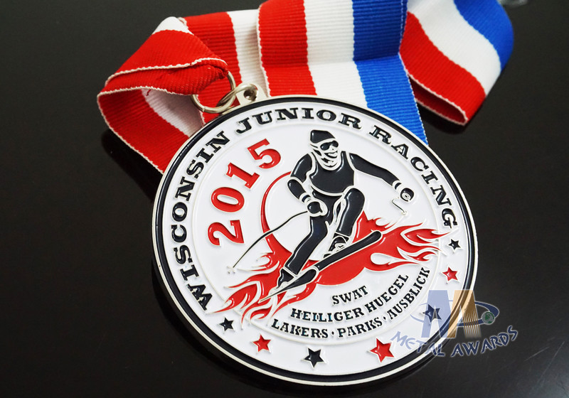 Red / White / Blue Ribbon Custom Sports Medals For Skating , Skiing Events