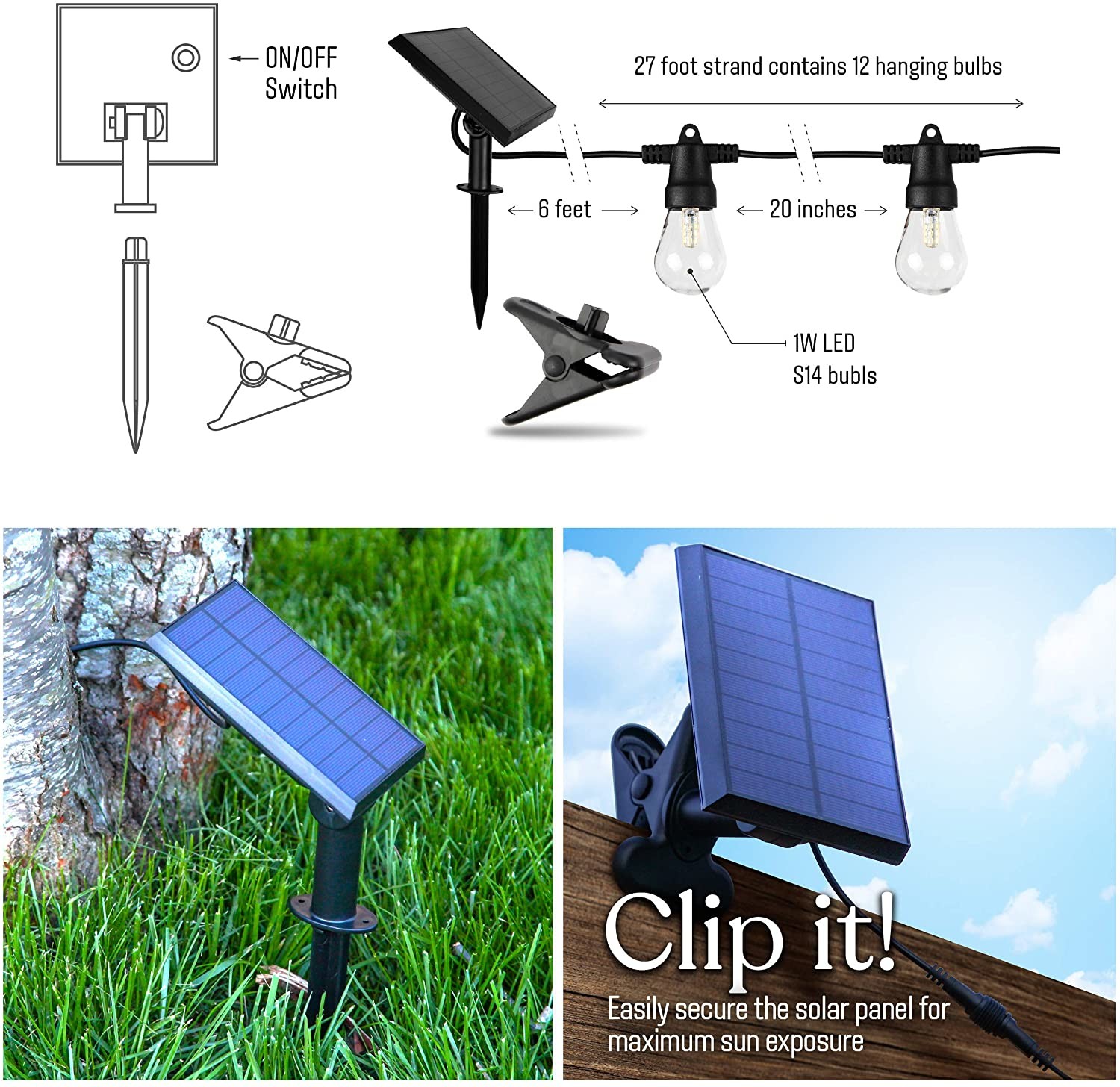 27Ft 2700K Commercial Grade Solar Powered Outdoor String Lights