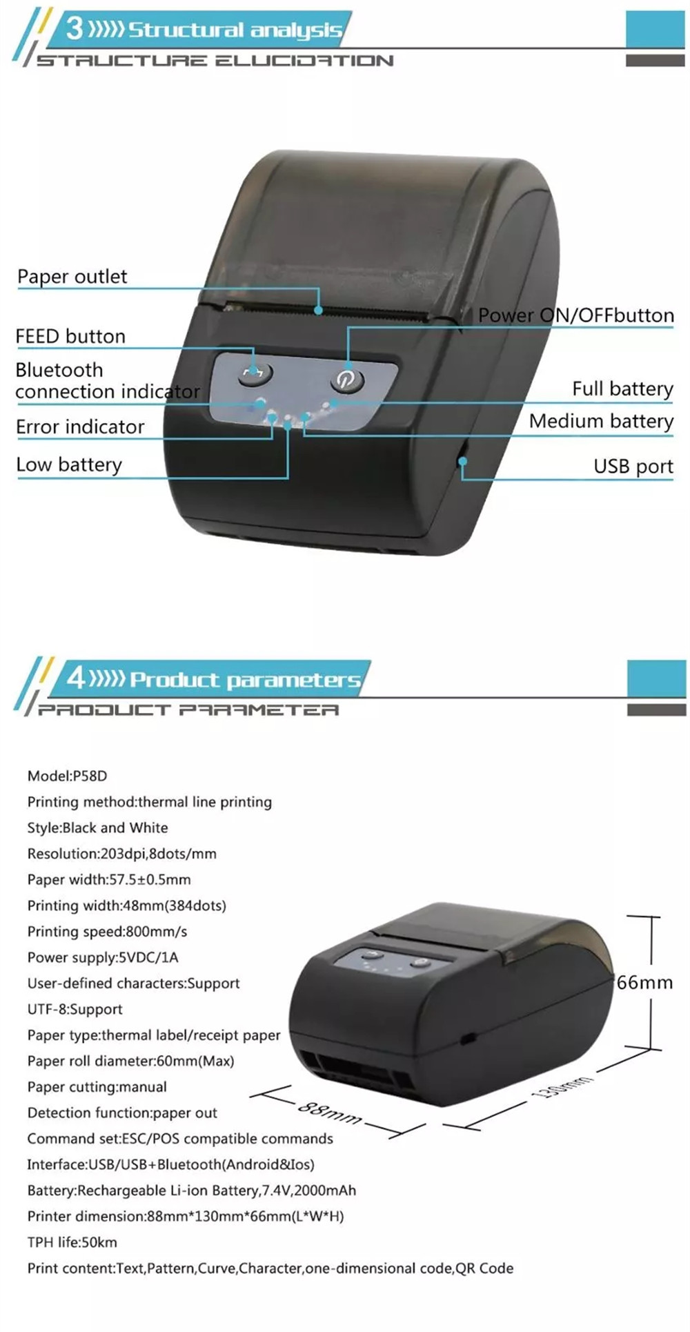 58mm Thermal barcode printer Qr code label printer receipt printer with bluetooth android ios
