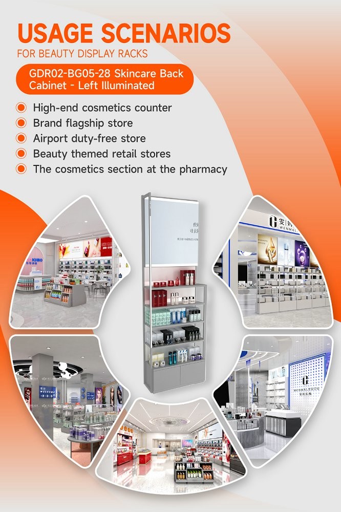 GDR02-BG05-28 Left Illuminated Skincare Display Cabinet with 60mm Soft Film Light Box and Grey Edge Banding for Fashion Boutiques