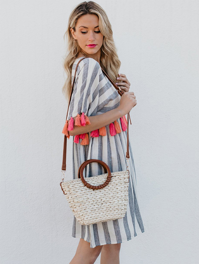 Women Casual Striped Dresses With Color Tassel