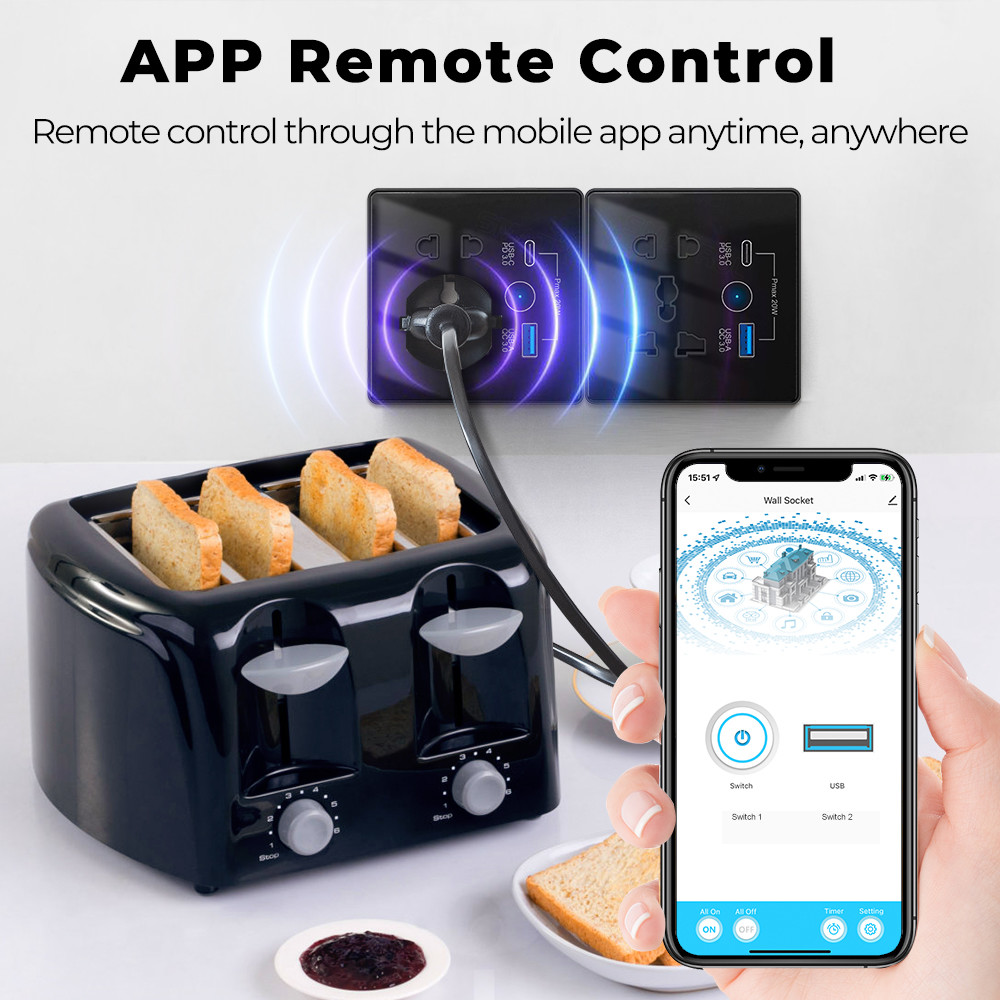 Wifi Wall Universal Socket Type C + USB Fast Charging For US EU UK Plug APP Remote Control Tuya Smart Home Automation