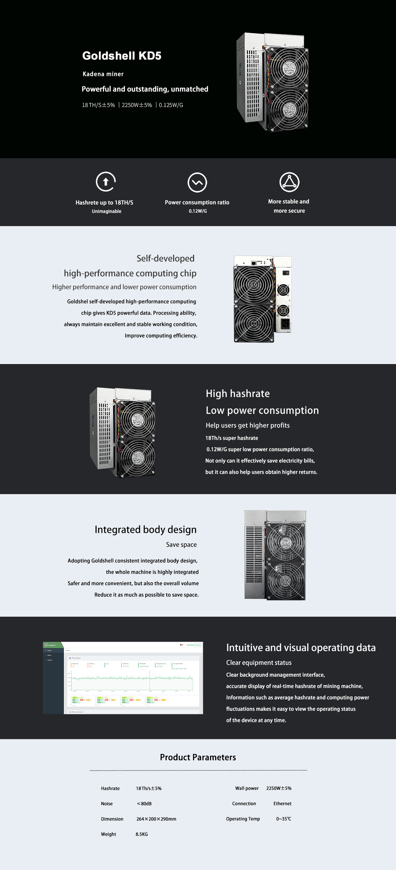 Metal KDA ASIC Miner Goldshell KD5 18T 2250W Blake2S Algorithm