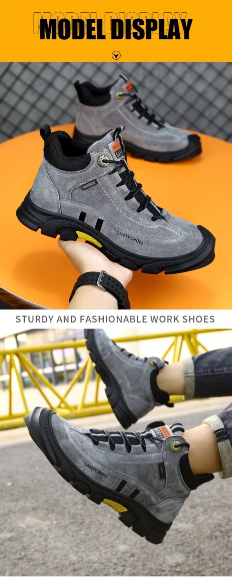 Gray Suede Safety Boots With Kevlar Midsole And Slip-Resistant Rubber Sole