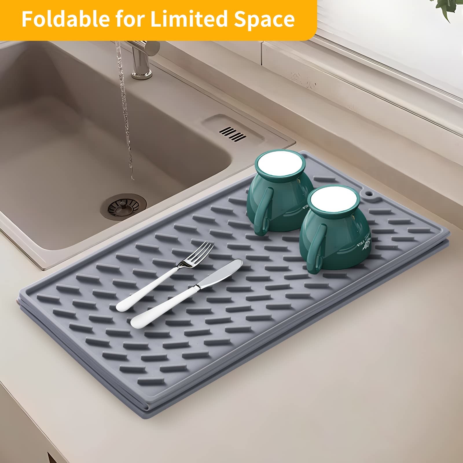 Silicone Collapsible Trifold Dish Drying Mat For Kitchen Counter Extra Large Dish Drainer Mat Compact &Foldable Design